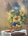 Sunflowers in a 12 x 16 oil painting on canvas. It was painted from a still life set up in Thomaston, Maine at a Barbara Applegate weeklong workshop. Barbara paints luminous interiors and still life paintings