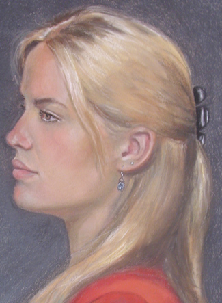 Daniel Greene Model at New York Studio. The painting is a pastel on Canson Paper of a model during the summer workshop. Mr. Greene’s workshop format included demonstrations in oil and pastel, color, study of the Old Masters, professional portrait procedure, posing and lighting of models, choosing painting positions, arrangement of materials and easel, canvas preparation.