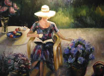 Tea in the garden is a study of an unknown artists work and is owned by the artist. It is a 16 x 18 and is painted on masonite