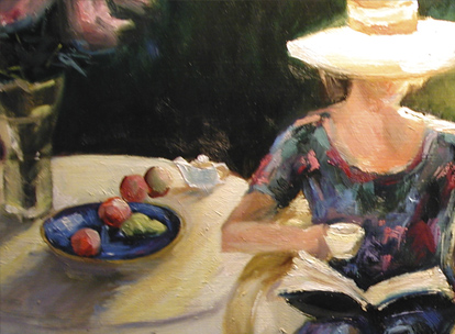 Tea in the garden is a study of an unknown artists work and is owned by the artist. It is a 16 x 18 and is painted on masonite