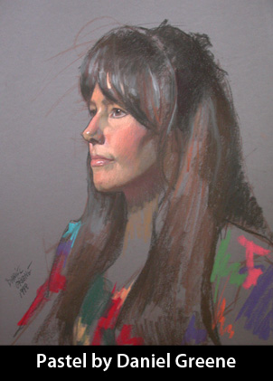 Portrait demo of Christine Pilkinton done by Daniel E. Greene, N.A., during a summer workshop at his North Salem, New York Studio. Daniel Greene is one of America’s leading portrait painters and pastel artists. Christine was privileged to study under Daniel Greene from 1996 to 2000 and accumulated over 225 hours under his instruction in both Nashville and New York Studios. Mr. Greene’s workshop format includes demonstrations in oil and pastel, color, study of the Old Masters, professional portrait procedure, posing and lighting of models, choosing painting positions, arrangement of materials and easel, canvas preparation. He also covers methods of painting (masses, values, color, texture, etc.), methods of observing and understanding color, color mixing in oil & its application to pastel, portrait palettes of the Old Masters and Impressionists revealed, professional portrait artist’s palette explained and discussed. Pastel instruction included mastering pastels, choice of materials, types of surfaces, techniques, framing, composition, pricing, working from photographs, promotion and critique of artists work.