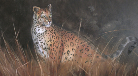 Leopard is a study done in class by Christine from a wildlife painting book and is a collection of the artist. The leopard was painted in oil on a 24 x 36 canvas. Christine enjoys painting animals and pets.