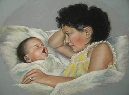 Portrait of the artist and her mother. Working from old photographs, Christine Pilkinton worked in pastel to create a painting of herself as a baby and her mother at 16 years old. Christine is able to use old photos, even black and white to create portraits. As long as the photos are clear and large enough to see. 
