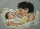 Portrait of the artist and her mother. Working from old photographs, Christine Pilkinton worked in pastel to create a painting of herself as a baby and her mother at 16 years old. Christine is able to use old photos, even black and white to create portraits. As long as the photos are clear and large enough to see. 