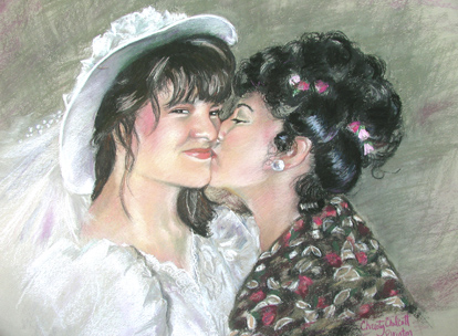 Portrait of Christine’s sister and mother. Christine worked from photos to paint a posthumous portrait of her sister. Families who have lost loved ones in death often desire to have their loved ones painted and this helps with the grieving process.  Christine can work from old photos as long as they are clear and large enough to see the features. She can work from black and white photos or color photographs. Very often posthumous paintings are commissioned by parents who have lost children. Christine’s experiences with loss give an added dimension to her portraiture.