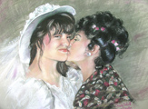Portrait of Christine’s sister and mother. Christine worked from photos to paint a posthumous portrait of her sister. Families who have lost loved ones in death often desire to have their loved ones painted and this helps with the grieving process.  Christine can work from old photos as long as they are clear and large enough to see the features. She can work from black and white photos or color photographs. Very often posthumous paintings are commissioned by parents who have lost children. Christine’s experiences with loss give an added dimension to her portraiture.